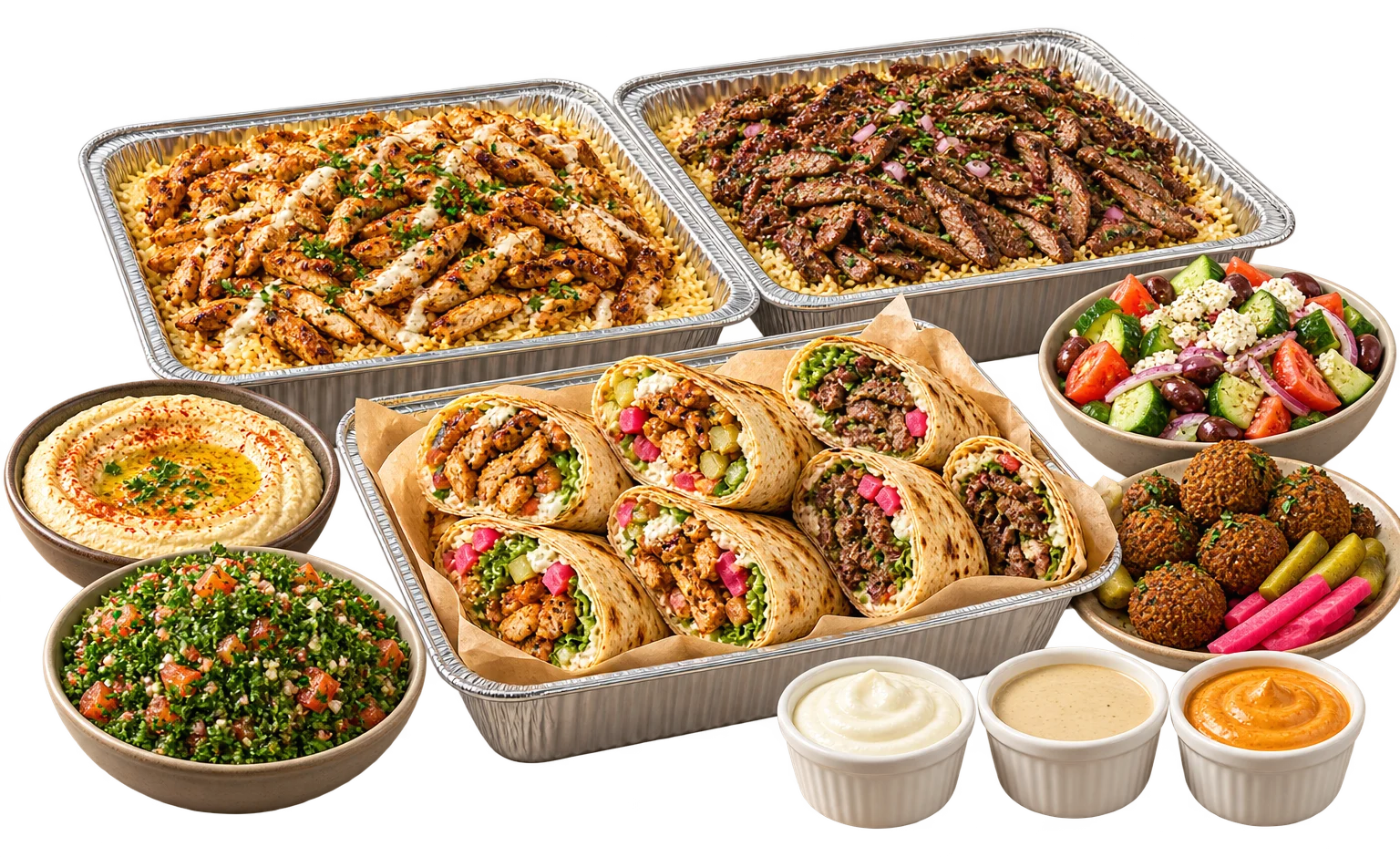 Catering trays of shawarma over rice, sliced wraps, hummus, tabbouleh, salad, falafel and sauces