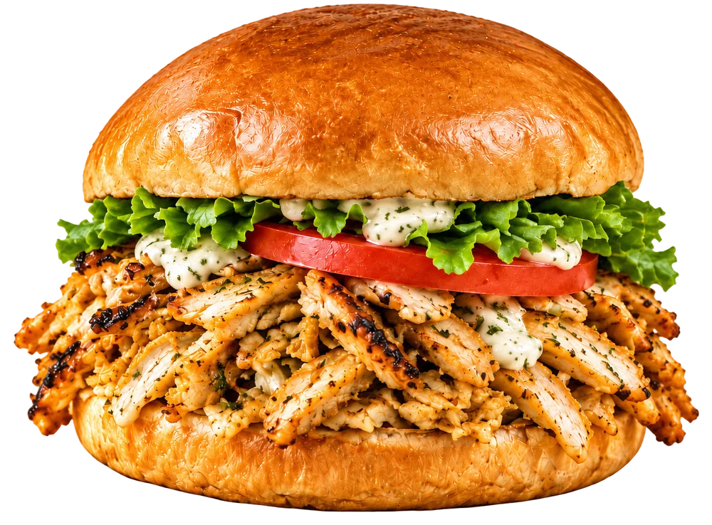 Chicken shawarma burger with halloumi and garlic toum